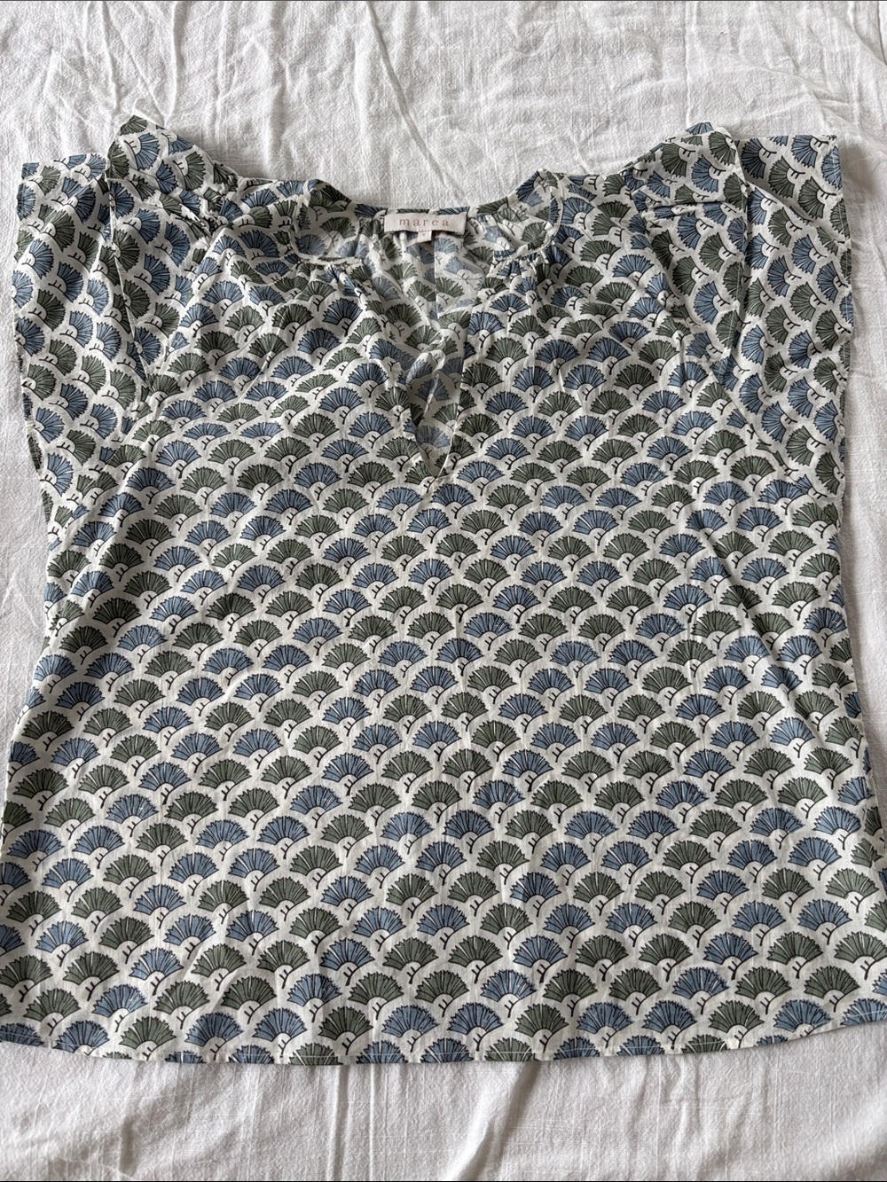 Marea by Liz Joy blockprint blouse, cap sleeves, blue/green/white, cotton,size S - Picture 4 of 8